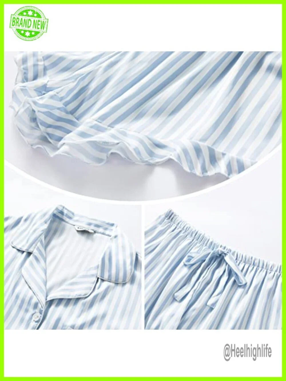 Satin Silk 2-Piece Pajama Set with Ruffle Shorts, Short Sleeve Button Down Pjs